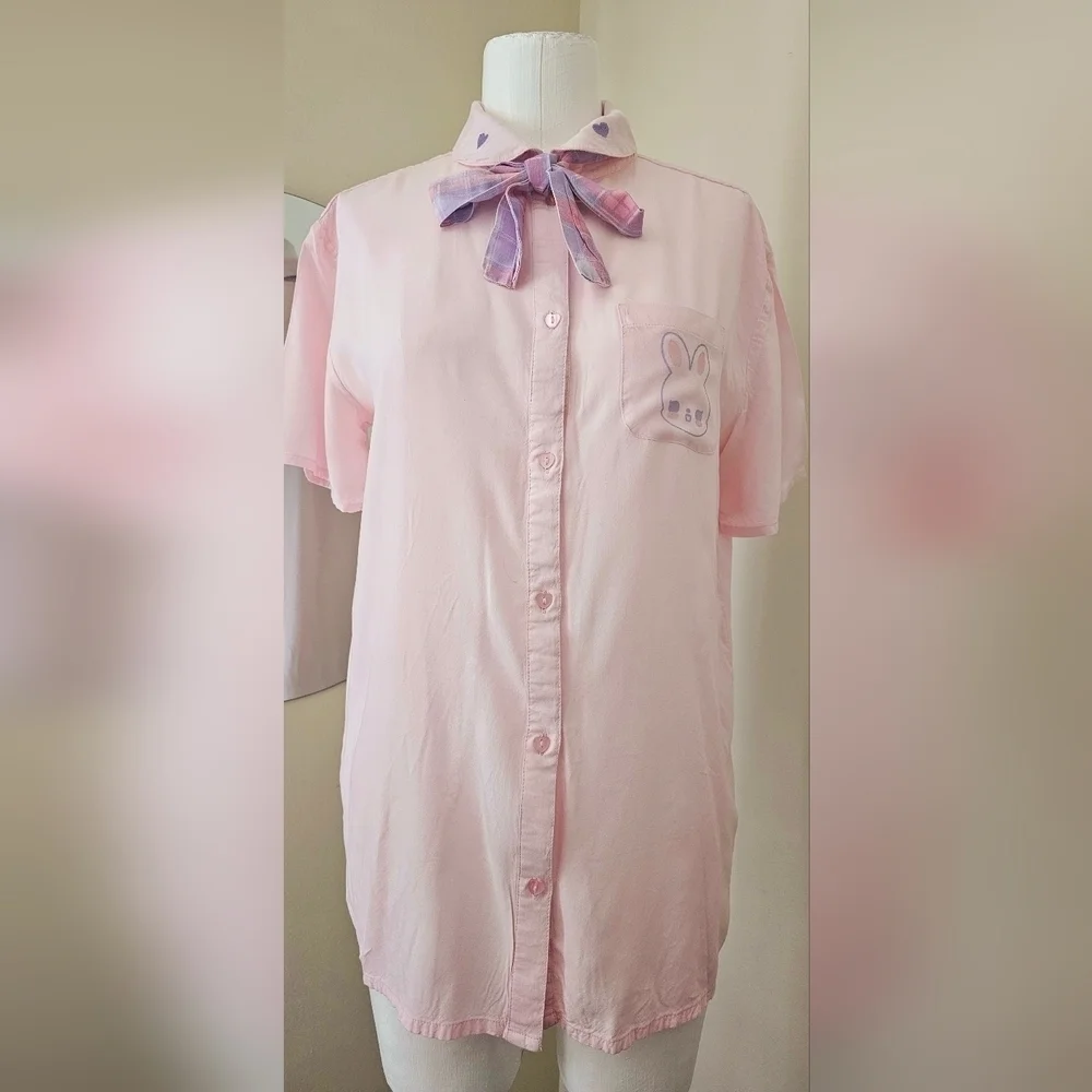 Kawaii Pastel Bunny Bow Girls Woven Button-up Whimsical Top by Hot Topic Sz S
